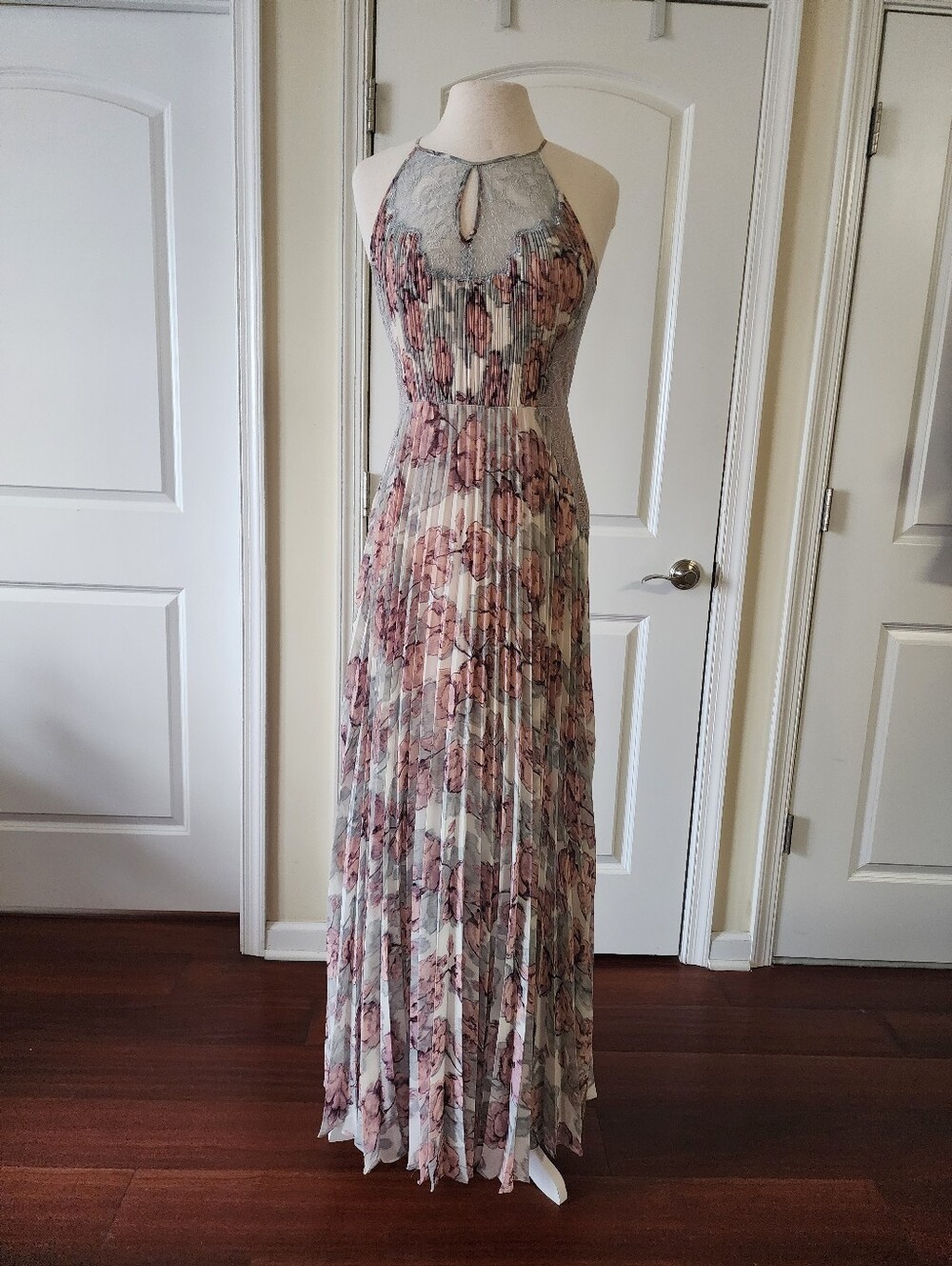 BCBGMaxAzria Dusty Rose and Gray Floral Halter Maxi Dress